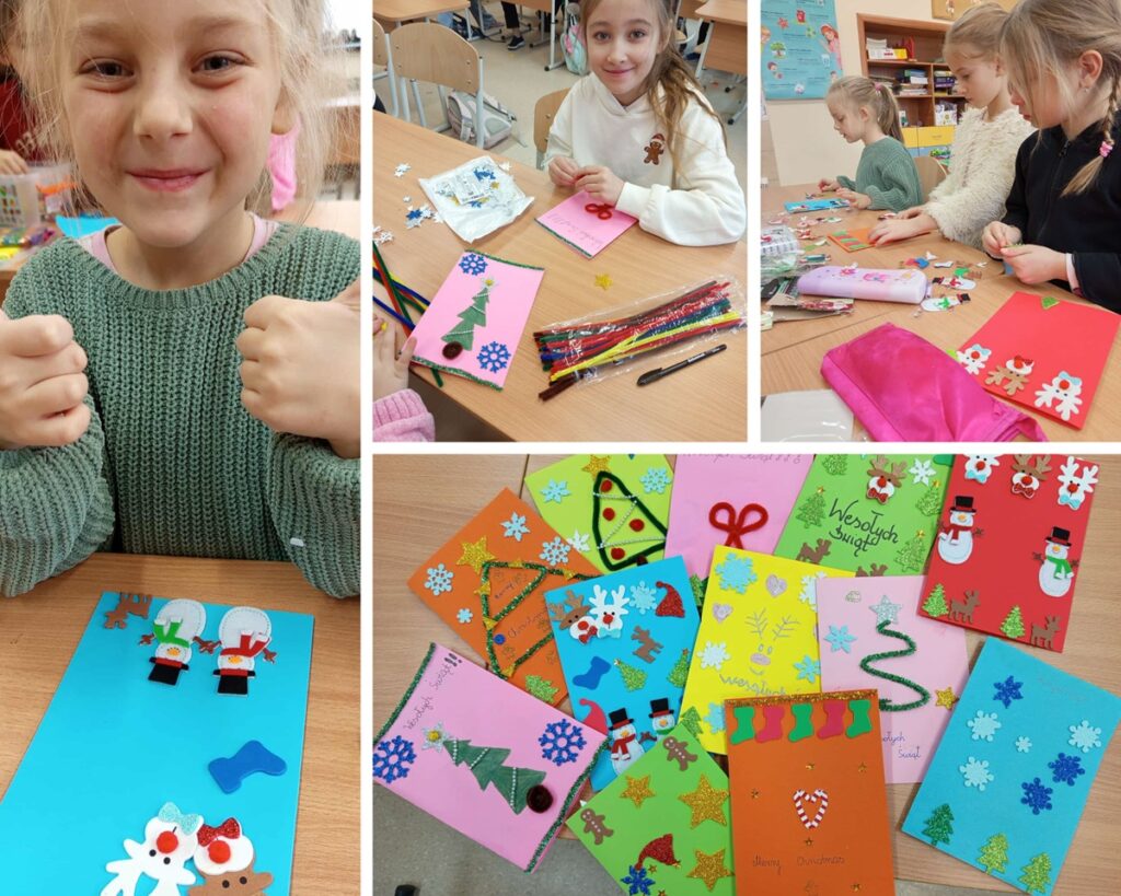 Kolaż zdjęć przedstawiający uczniów podczas wykonywania kartek bożonarodzeniowych