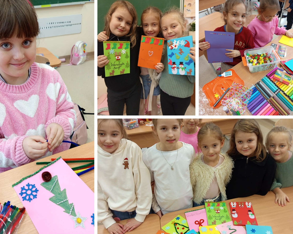 Kolaż zdjęć przedstawiający uczniów podczas tworzenia kartek świątecznych