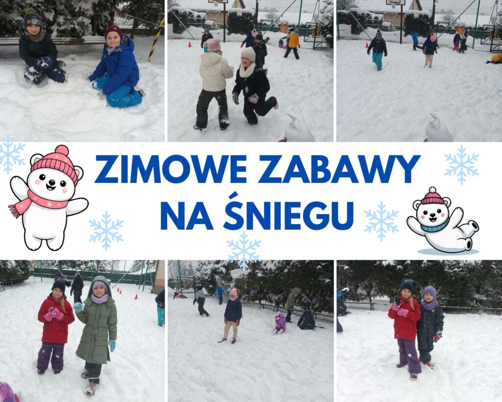 kolaż zdjęć przedstawiający uczniów klas 1 i 2 podczas zabawy na śniegu