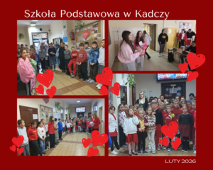 Kolaż zdjęć przedstawiający uczniów i nauczycieli podczas apelu walentynkowego