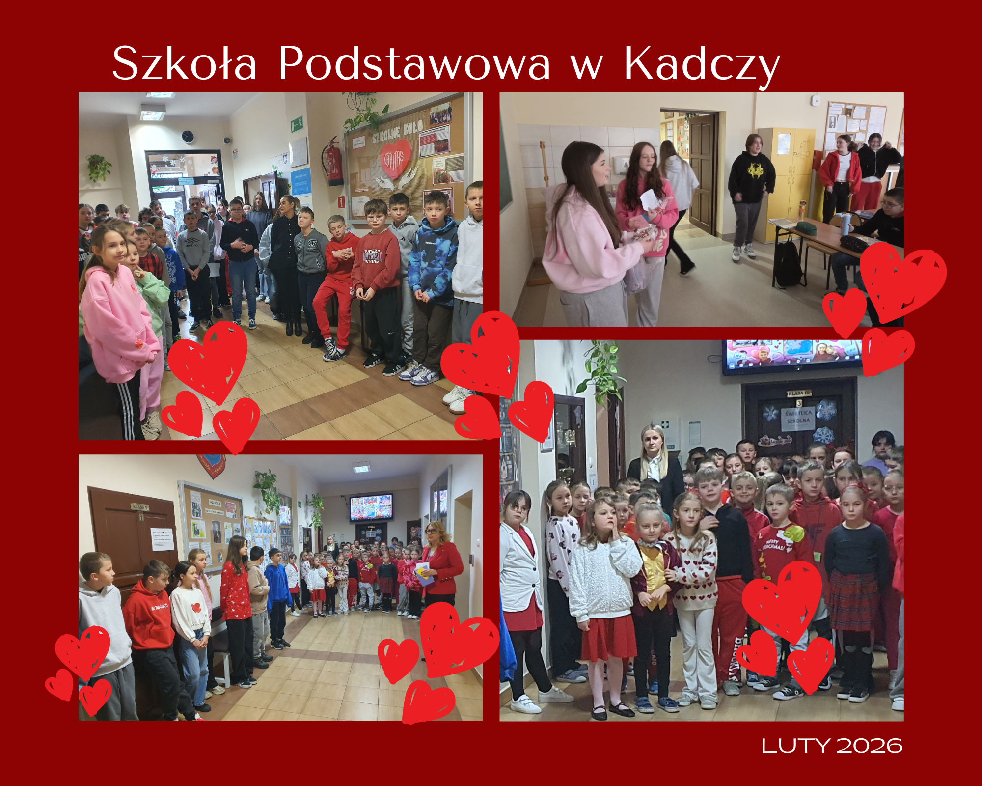 Kolaż zdjęć przedstawiający uczniów i nauczycieli podczas apelu walentynkowego