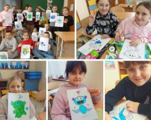 Kolaż zdjęć przedstawiający uczniów podczas zajęć na świetlicy