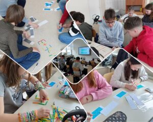 Kolaż 5 zdjęć - uczniowie rozwiązują zapałczane łamigłówki