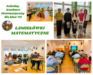 Szkolny konkurs matematyczny dla uczniów klas VII – uczestnicy rozwiązują zadania w sali lekcyjnej, a najlepsi otrzymują nagrody i pamiątkowe upominki.