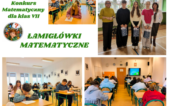 Szkolny konkurs matematyczny dla uczniów klas VII – uczestnicy rozwiązują zadania w sali lekcyjnej, a najlepsi otrzymują nagrody i pamiątkowe upominki.