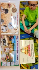 Kolaż zdjęć dzieci z oddziału przedszkolnego podczas zdrowego tygodnia.