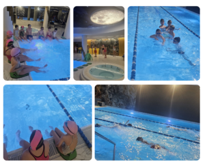 Kolaż zdjęć przedstawiający uczniów podczas aktywności na basenie 