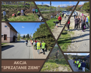 Kolaż zdjęć prezentujących uczniów podczas sprzątania wsi 