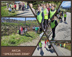 Kolaż zdjęć prezentujących uczniów podczas sprzątania wsi