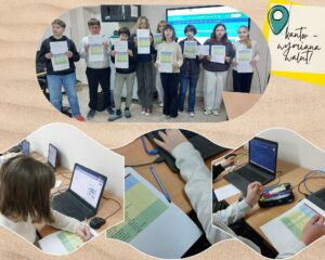 Kolaż 4 zdjęć z zajęć - uczniowie z kartami prac