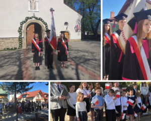 Kolaż zdjęć przedstawiający poczet sztandarowy oraz innych uczestników uroczystości