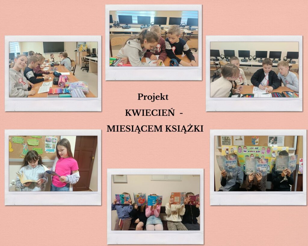 uczniowie SP w Kadczy biorący udział w akcji " Kwiecień - miesiącem książek"