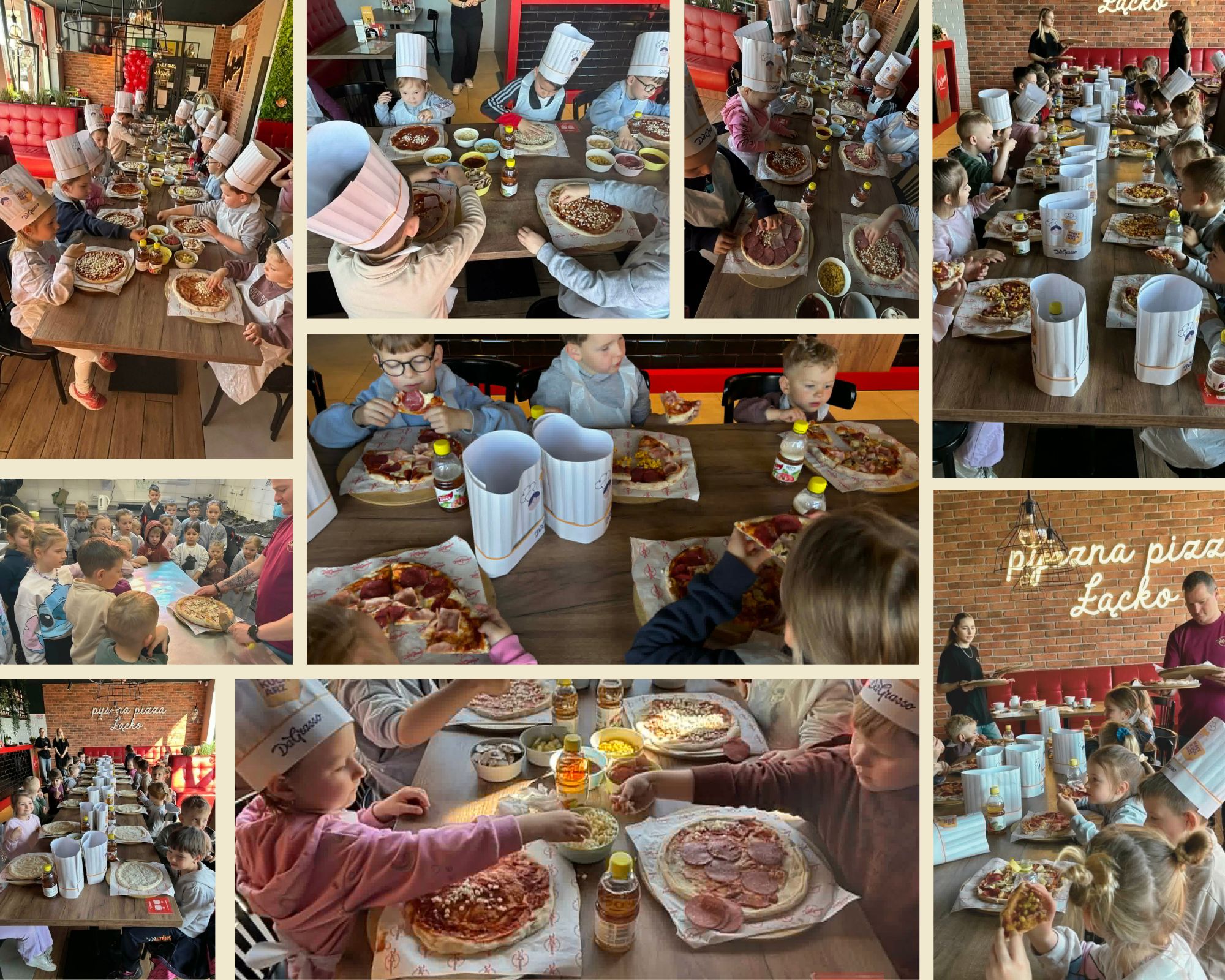 Kolaż 9 zdjęć - dzieci w pizzerii da Grasso w Łącku podczas warsztatów